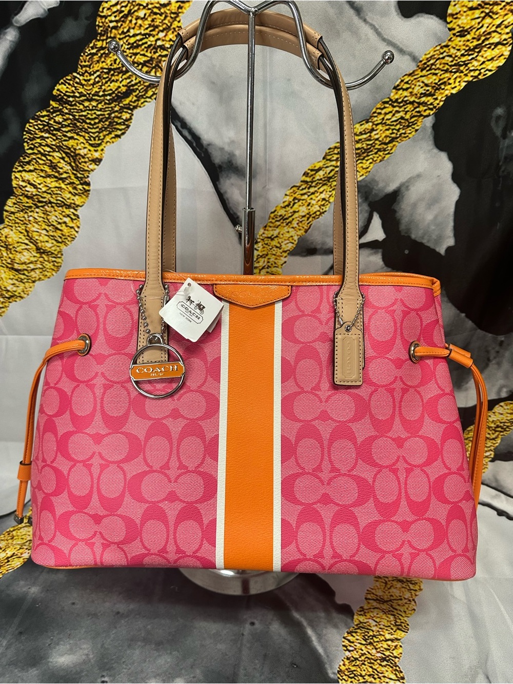 Coach Pink Signature Tote with Orange Center Stripe